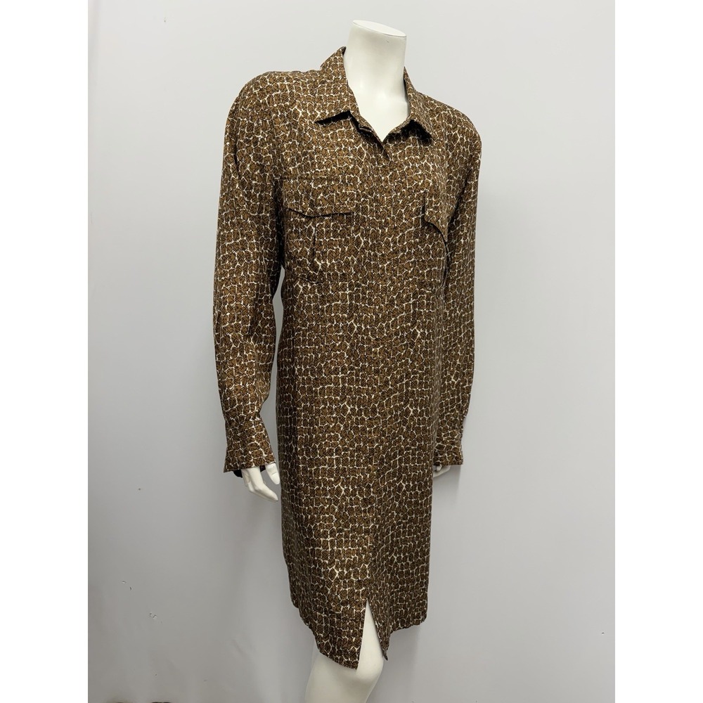Gerard Darel 100% Silk Shirt Style Dress Printed Brown Black Off White Size 46